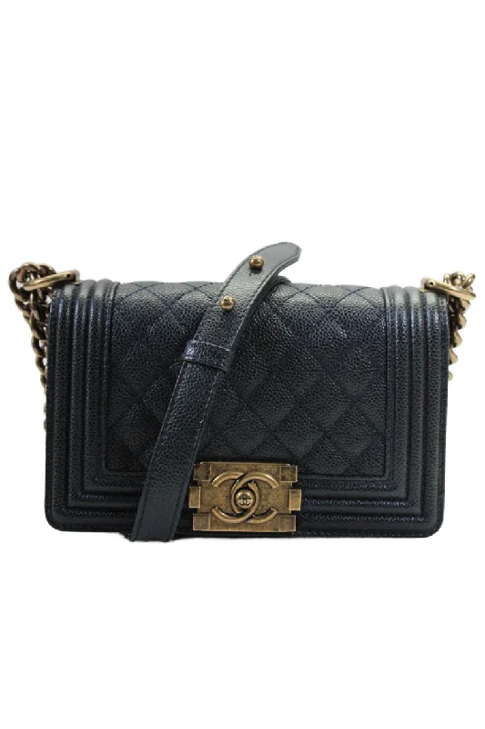 Chanel Womens Navy Blue Caviar Leather Mini Boy Crossbody Bag Handbag