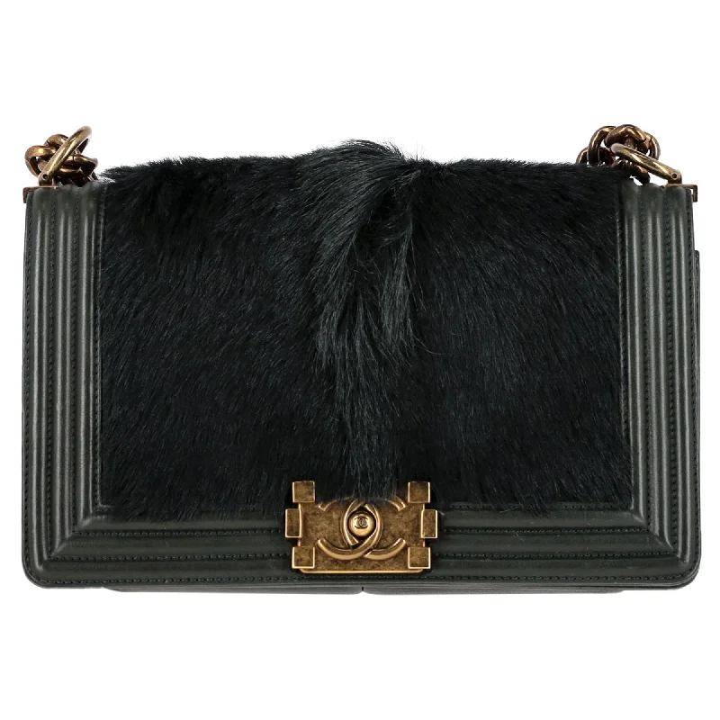 Chanel Goat Fur-Trimmed Medium Boy Flap Bag in Green Leather