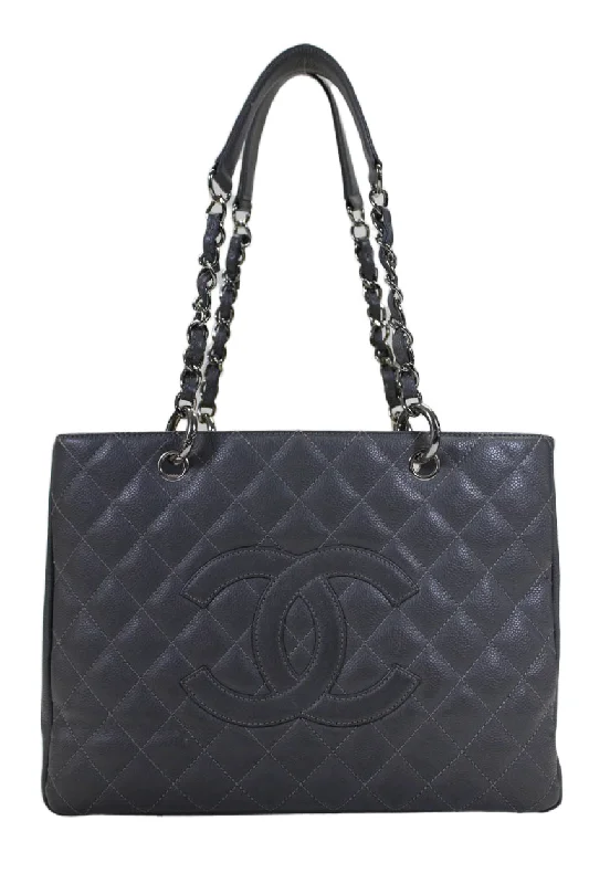 Chanel Womens Leather Grand Shopping Quilted Zipp Chain Strap Tote Handbag Gray