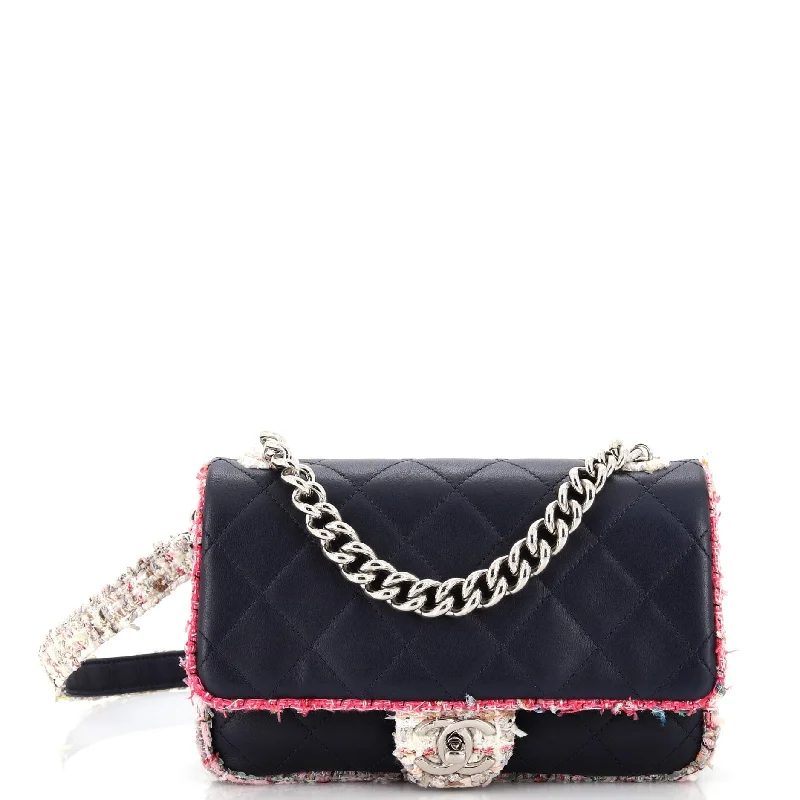 Elegant Trim Single Flap Bag Quilted Lambskin with Tweed