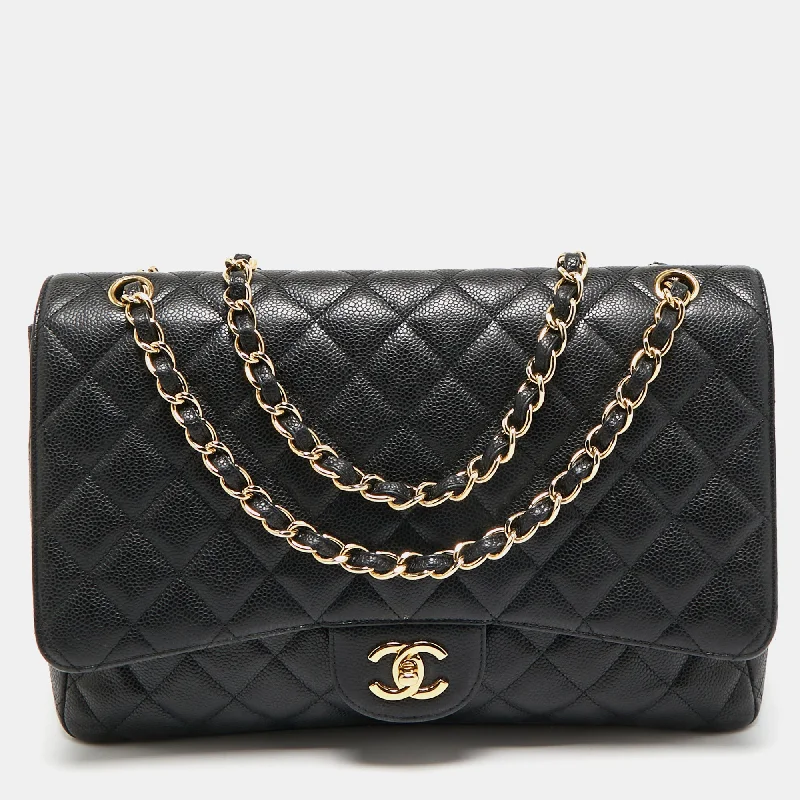 Chanel Black Quilted Caviar Leather Maxi Classic Single Flap Bag