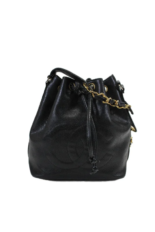 Chanel Womens Black Leather CC Drawstring Tie Bucket Bag Handbag