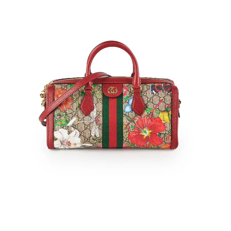 Gucci Red/Beige GG Supreme Flora Medium Ophidia Boston Bag