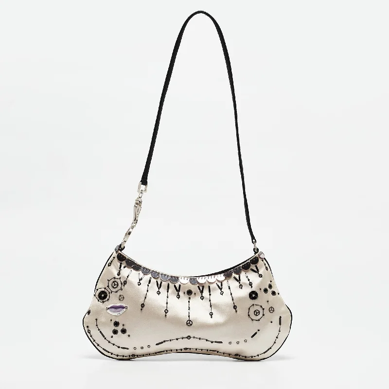 Prada Beige/black Satin Embellished Baguette Bag