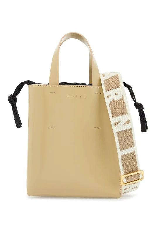 Marni Beige Leather Shopping Bag With Short Handles And Shoulder Strap