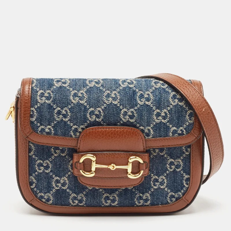 Gucci Blue/brown Gg Denim And Leather Horsebit 1955 Shoulder Bag