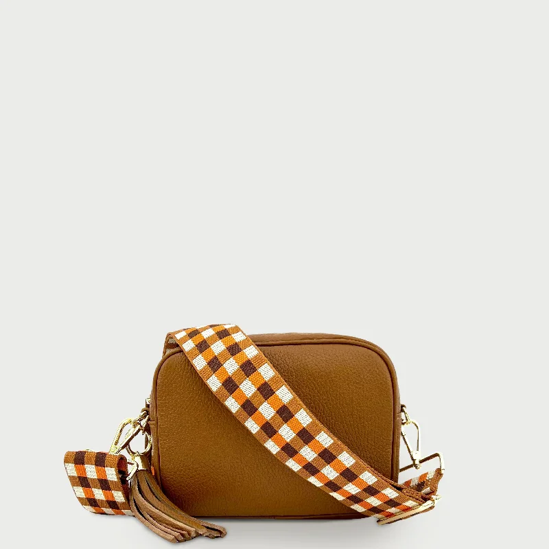 Tan Leather Crossbody Bag With Orange & Tan Check Strap