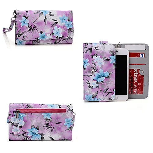 Phone Case Wallet- Hydrangea Blue- Removable Wristlet Strap Included- Universal Fit For Htc