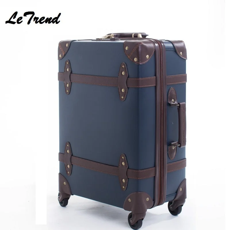 High Quality Vintage Suitcase Wheels Leather Rolling Luggage Spinner Women Retro Trolley 20 Inch