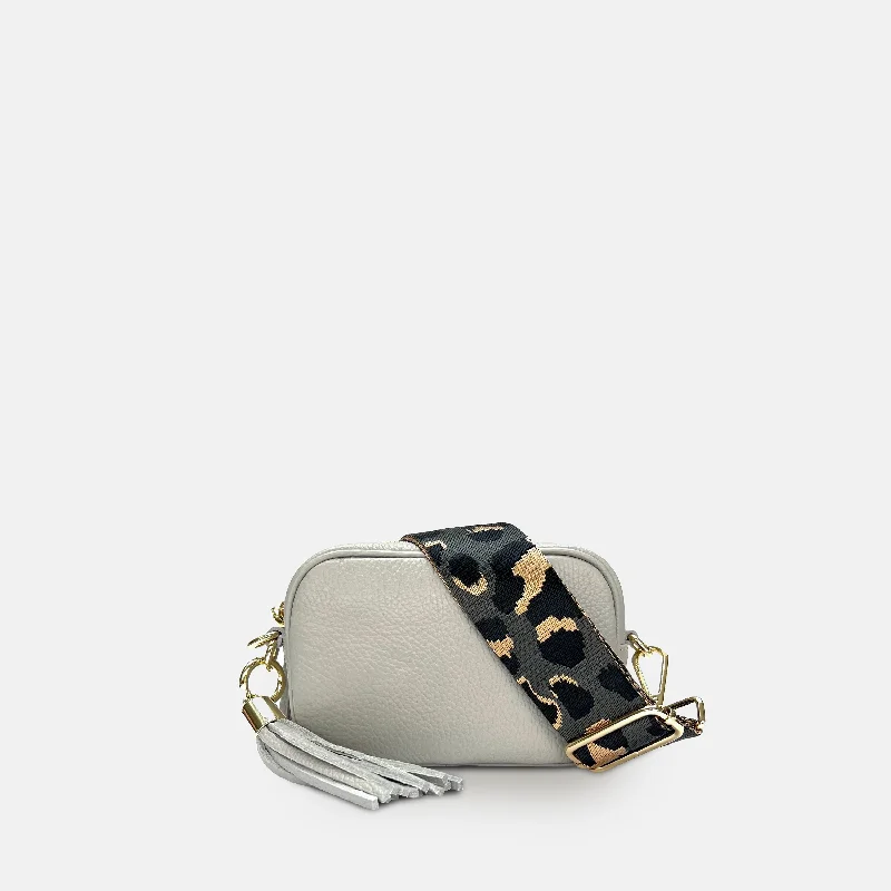 The Mini Tassel Light Grey Leather Phone Bag With Grey Leopard Strap