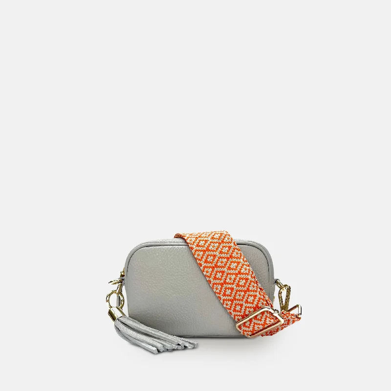 The Mini Tassel Light Grey Leather Phone Bag With Orange Cross-Stitch Strap