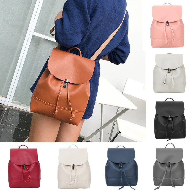 Vintage Pure Color Leather School Bag Backpack Satchel Women Trave Shoulder Bag