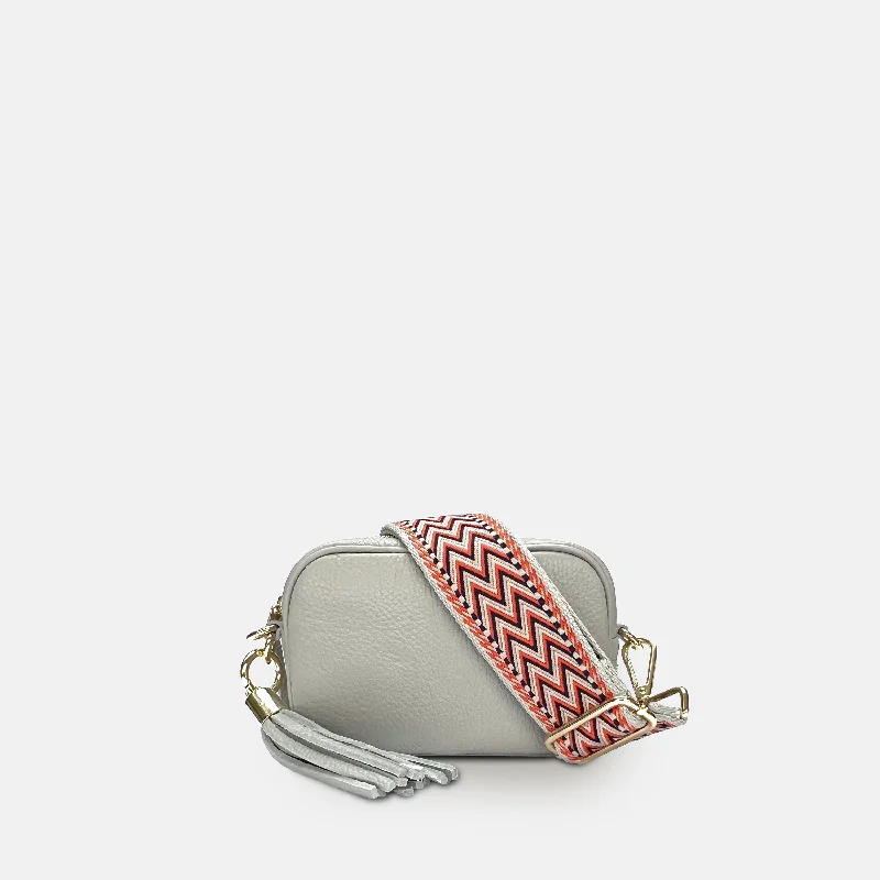 The Mini Tassel Light Grey Leather Phone Bag With Grey Boho Strap