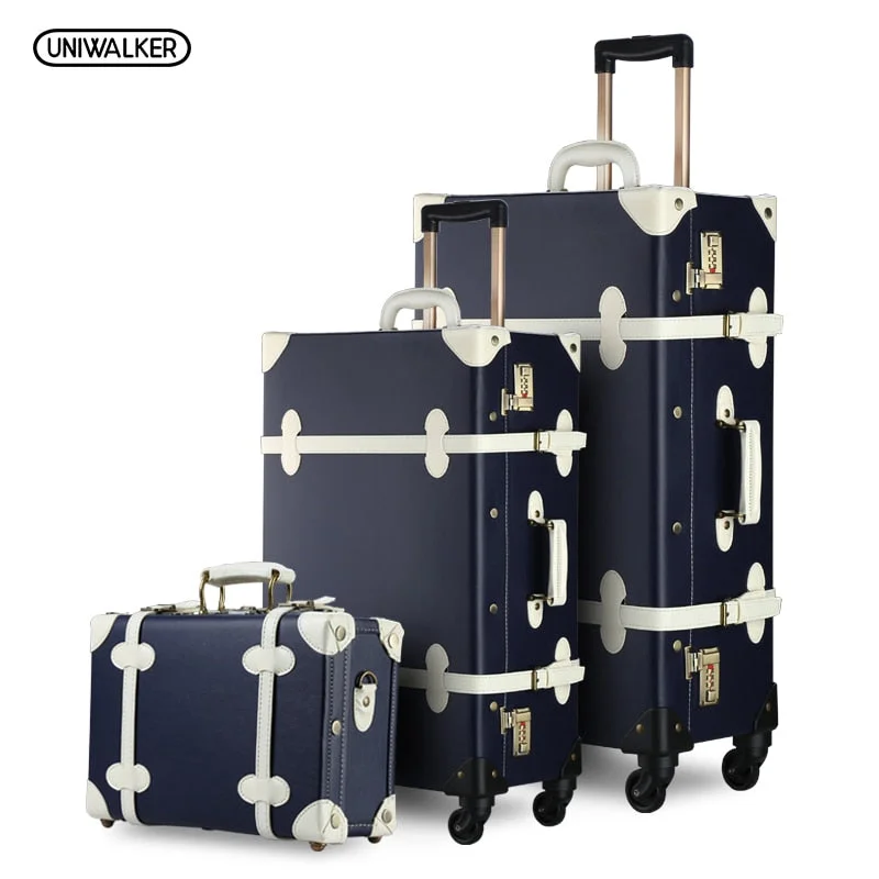 3Pcs/Set Vintage Pu Travel Luggage,12"Make-Up Bag & 20" 26" Retro Trolley Suitcase Bags With