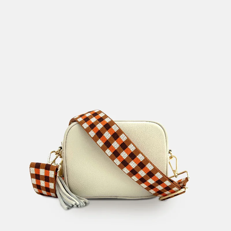 Stone Leather Crossbody Bag With Orange & Tan Checks Strap