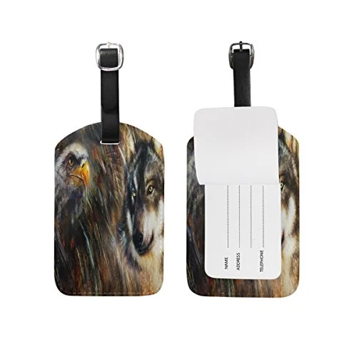 GIOVANIOR Wolf And Eagle Feathers Color Painting Background PU Leather Luggage Bag Tags Suitcase