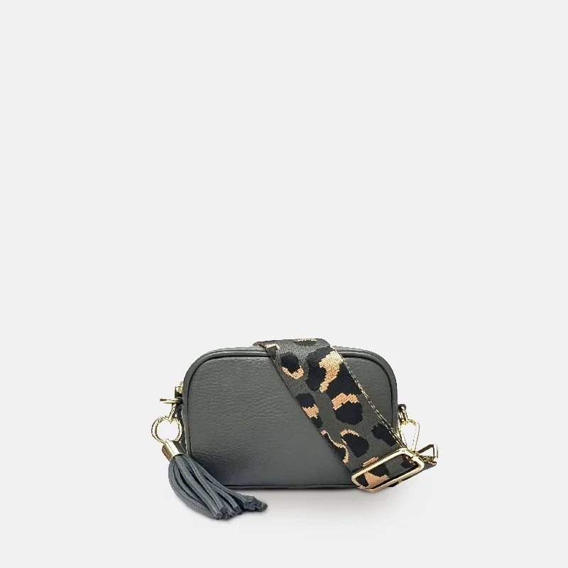 The Mini Tassel Dark Grey Leather Phone Bag With Grey Leopard Strap