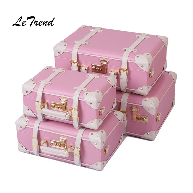 Letrend Korean Trolley Cute Pink Suitcase Wheels Cosmetic Case Women Vintage Leather Travel Bag