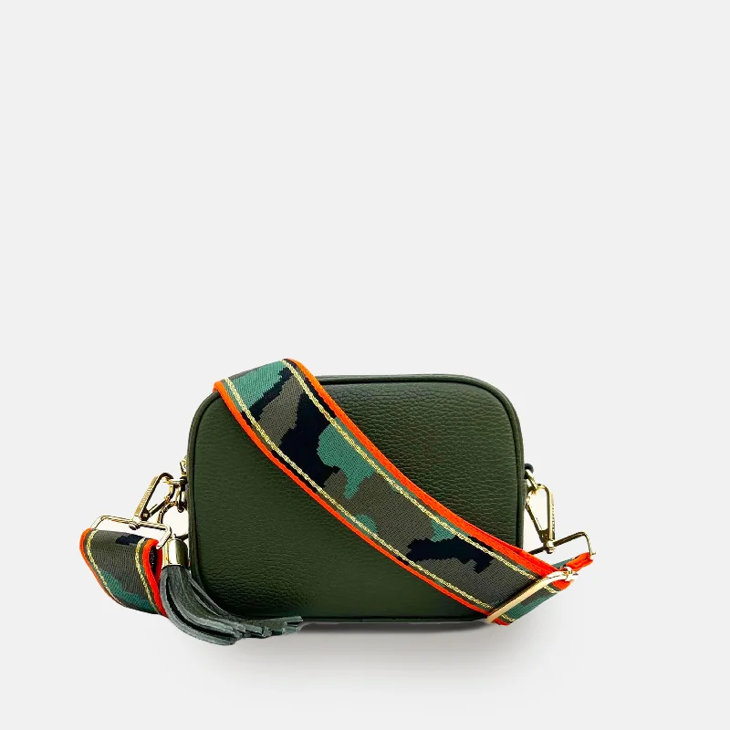 Olive Green Leather Crossbody Bag With Orange & Gold Stripe Camo Strap